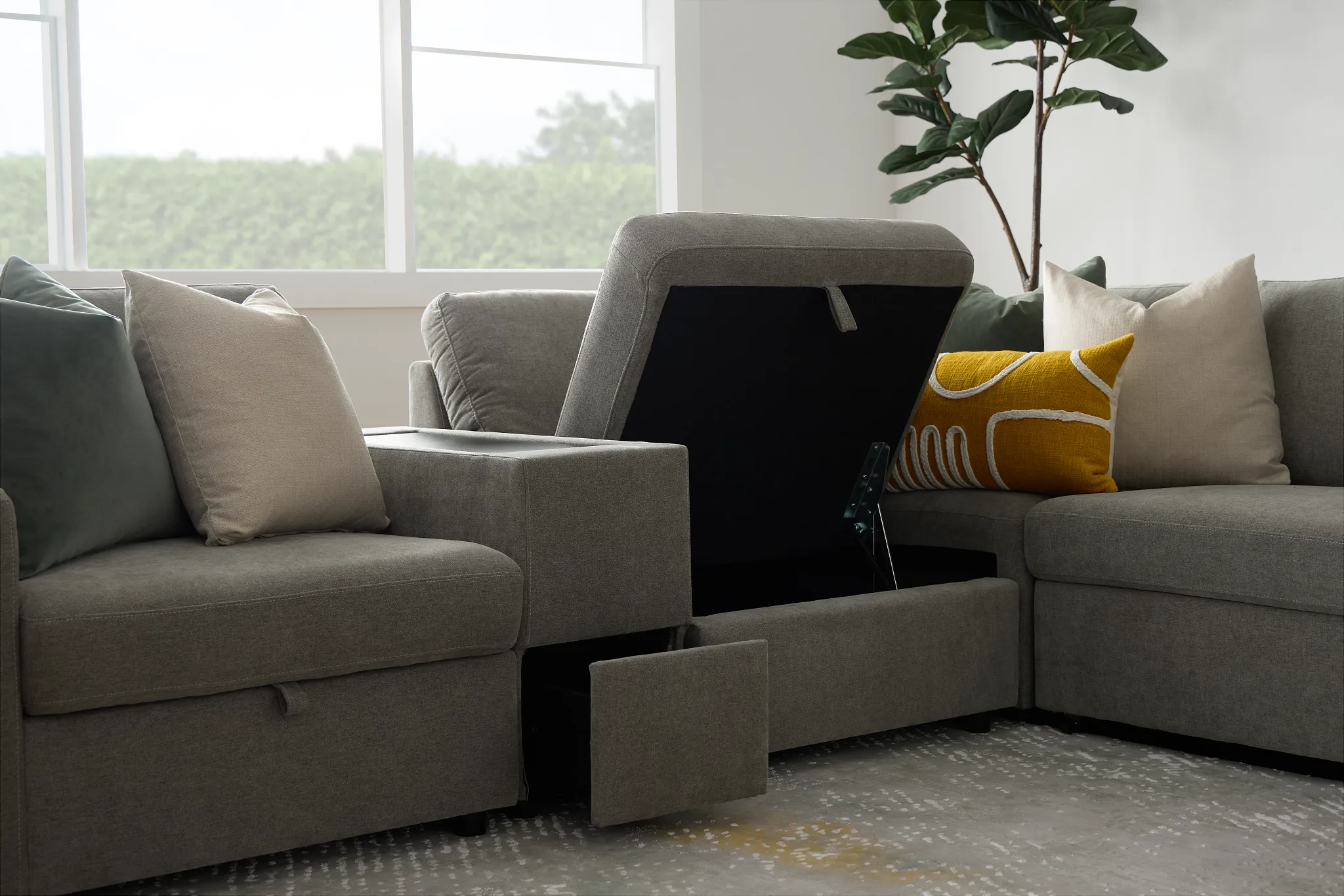 Addie Gray Fabric Medium Right Chaise Sleeper Sectional With Console