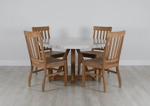 Somerset Light Tone Marble Round Table & 4 Wood Chairs