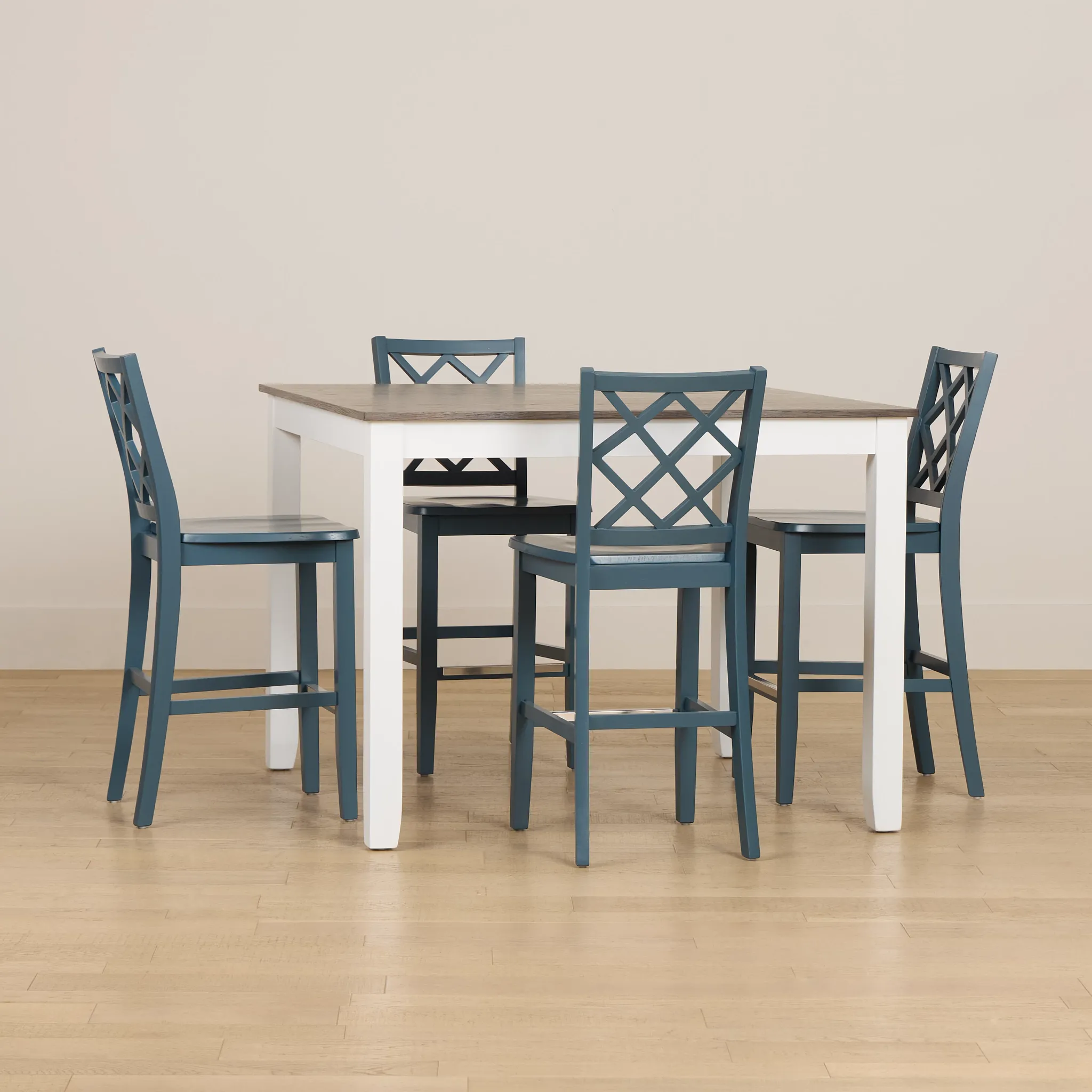Edgartown Two-tone Square High Table & 4 Navy Wood Barstools