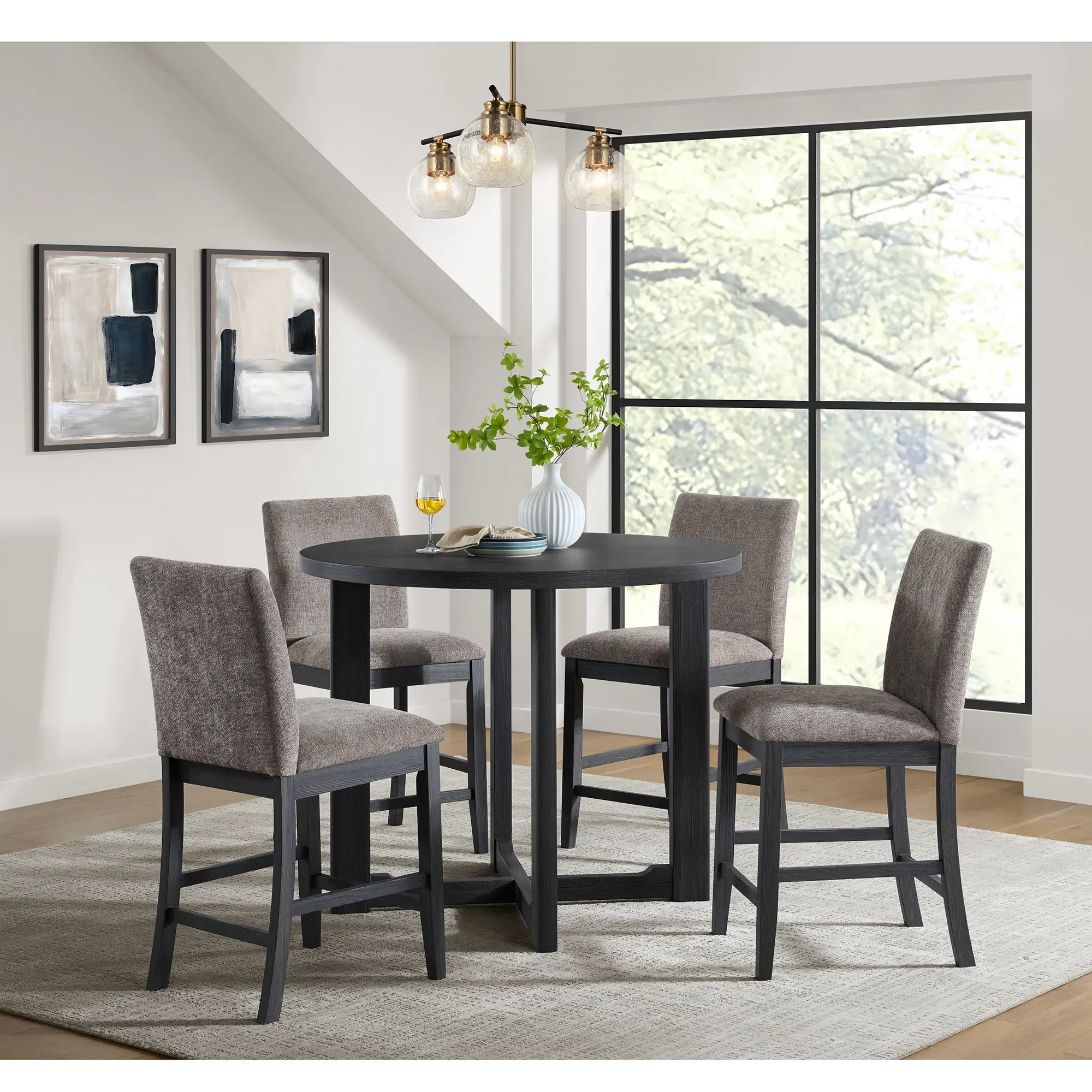 Gareth Dark Gray Round High Table & 4 Upholstered Barstools Gareth Dark Gray Round High Table & 4 Upholstered Barstools