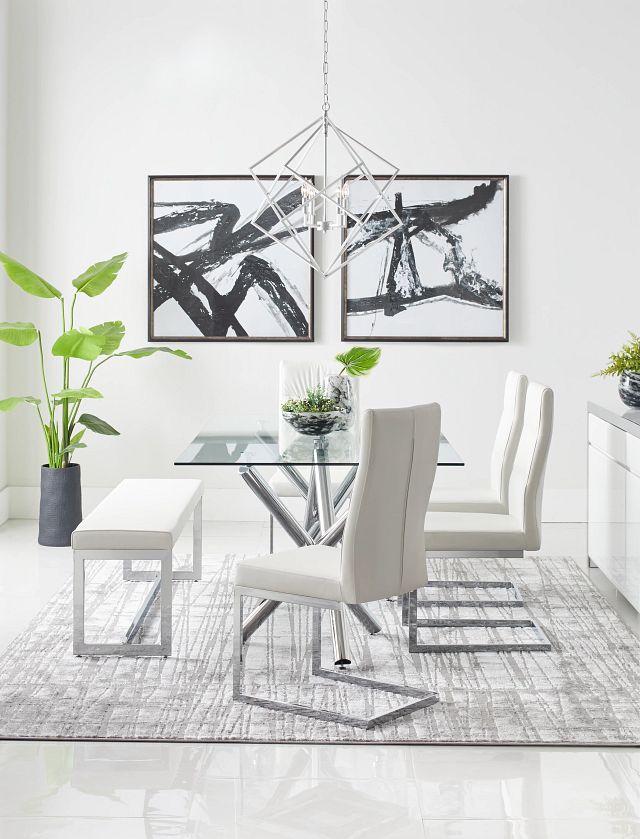 Quincy Glass White Table & 4 Upholstered Chairs