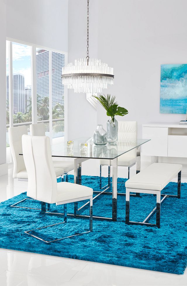 Bronx Glass White Table, 4 Chairs & Bench