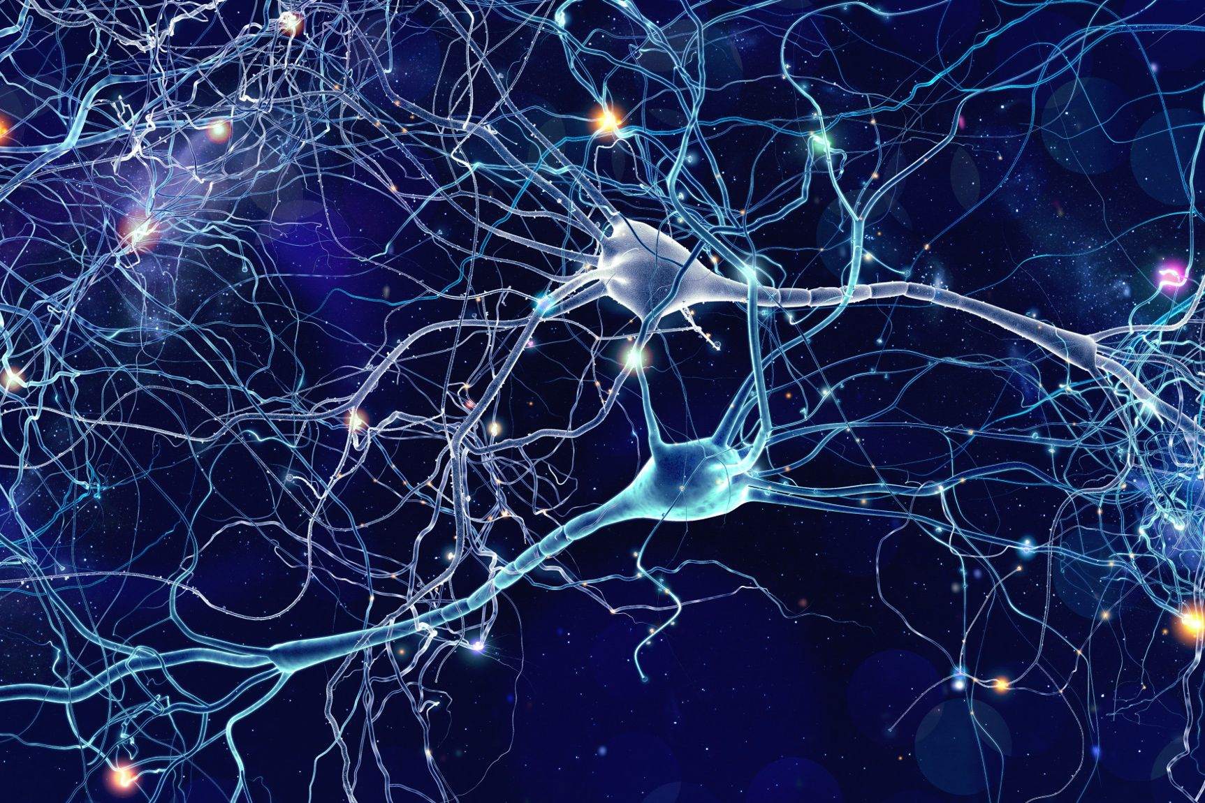 Conceptual illustration of neuron cells with glowing link knots in abstract dark space, high resolution 3D illustration.