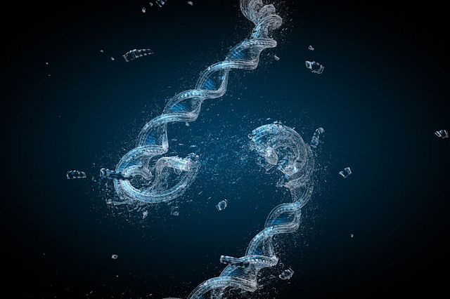 Computer generated 3D image illustrating an exploding DNA String.
