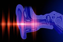 Conceptual image of a human ear hearing with sound waves.