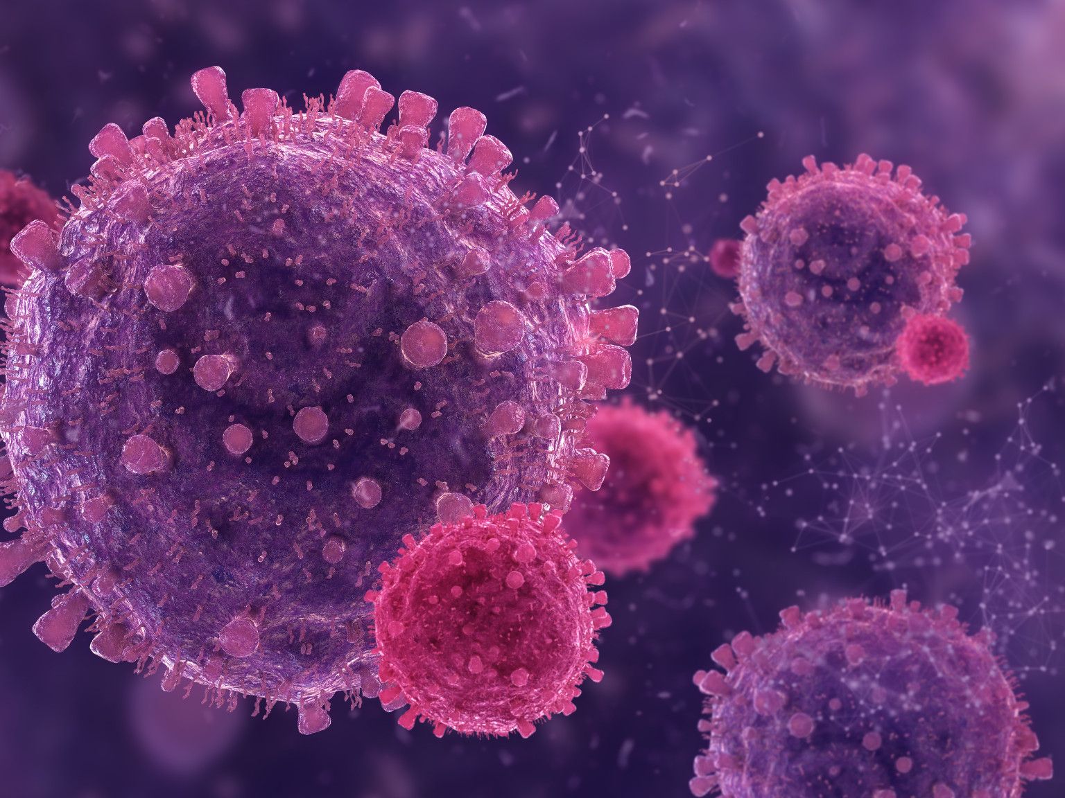 Abstract 3D render of of virus cells with shallow depth of field.