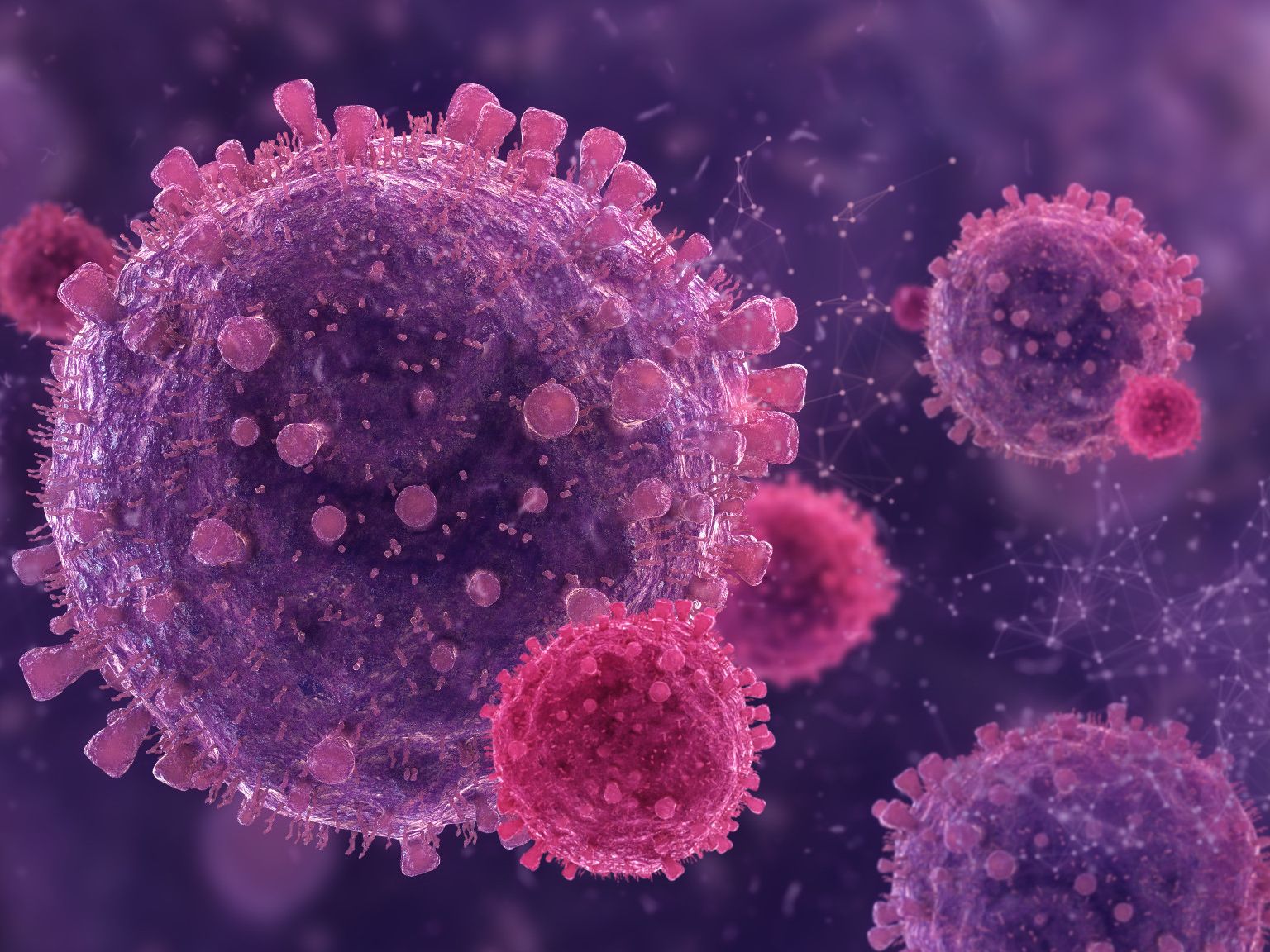 Abstract 3D render of of virus cells with shallow depth of field.