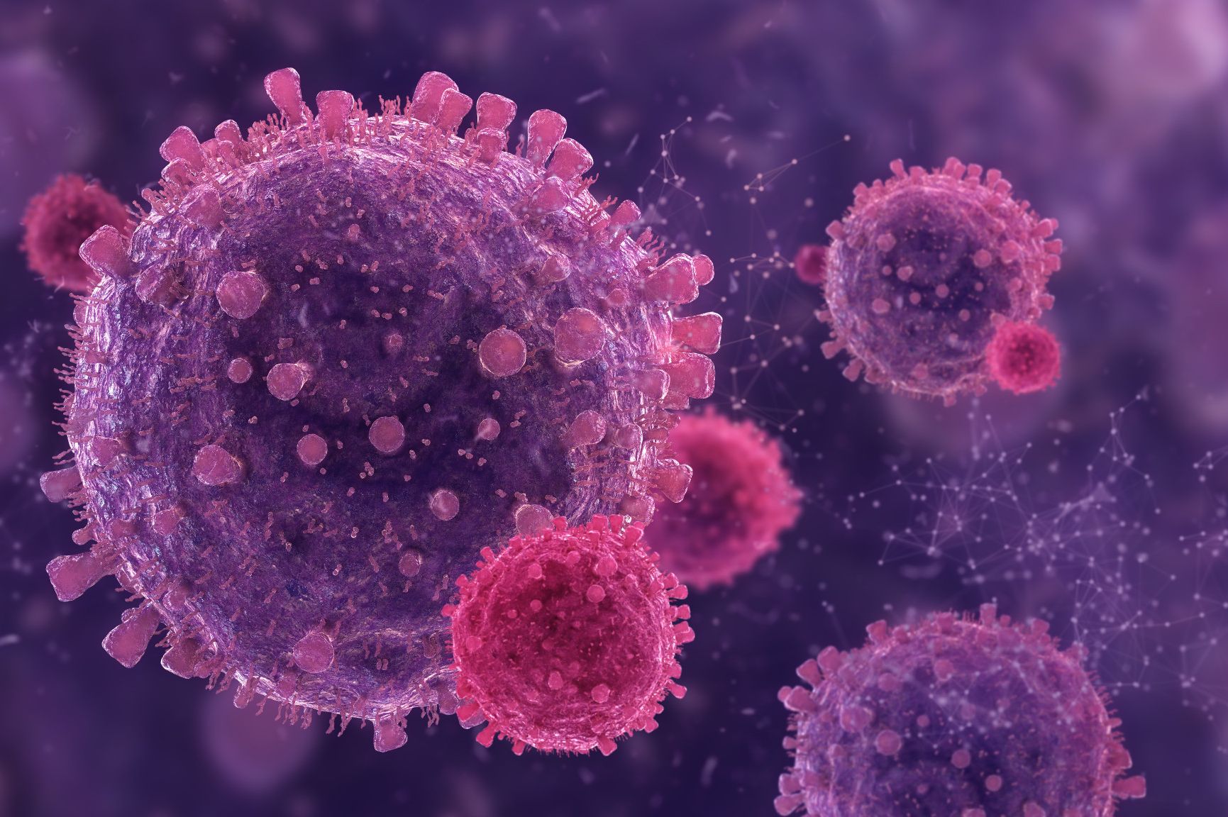 Abstract 3D render of of virus cells. Shallow depth of field.