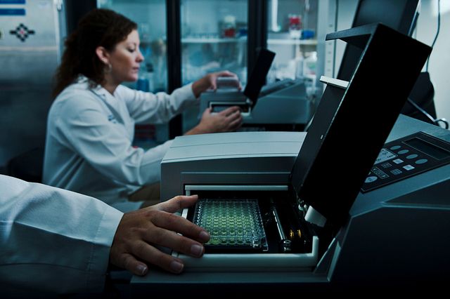 Lab technician performing kinetic turbidimetric endotoxin test using BioTek incubating microplate reader to analyze endotoxin test results