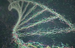 3D illustration of DNA helix connected by nodes and connections.