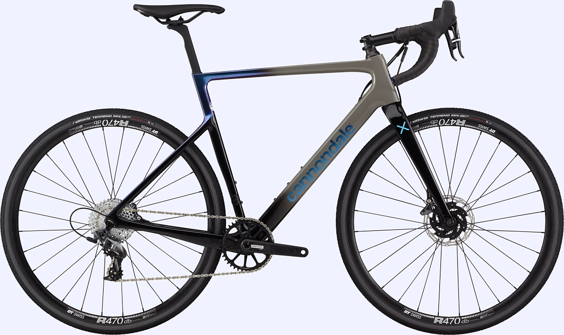 Blue/grey Cannondale SuperSix Evo CX with 1x11spd SRAM Force groupset.