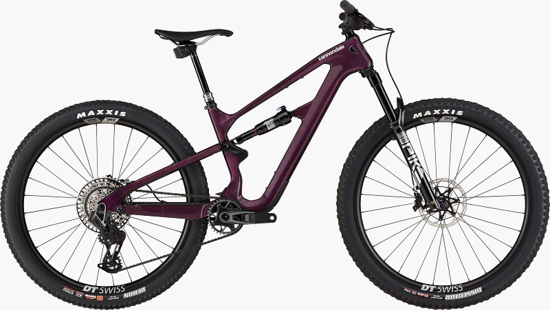 A purple mountain bike with a sleek frame, featuring Maxxis tires and a suspension system, designed for off-road riding.