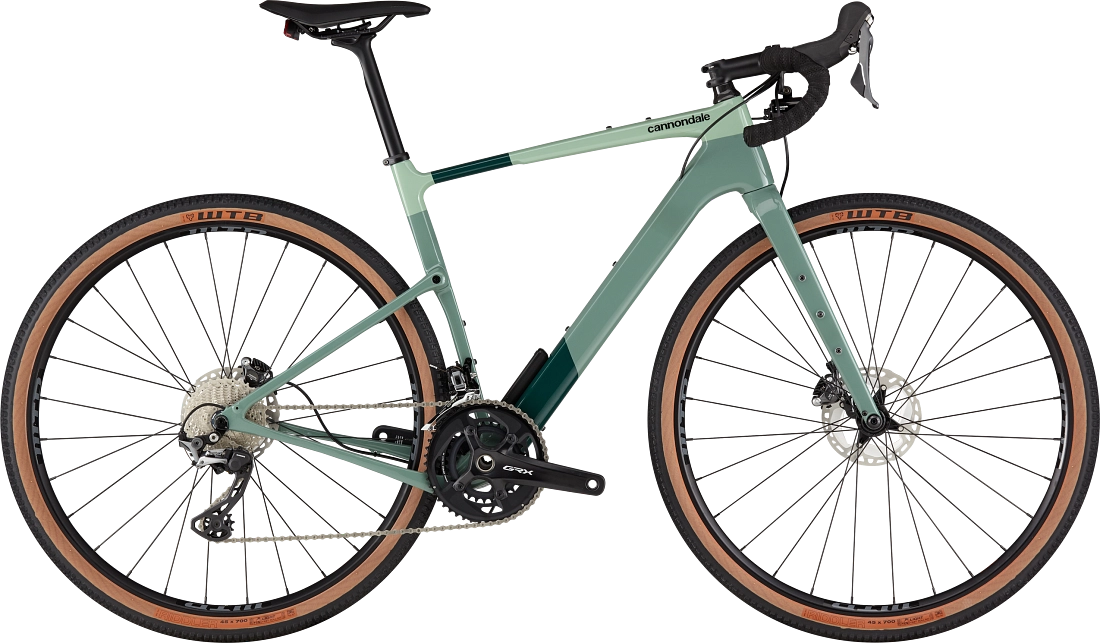 Green Cannondale Topstone Carbon 2 L with 2x11spd Shimano GRX RX800 groupset.