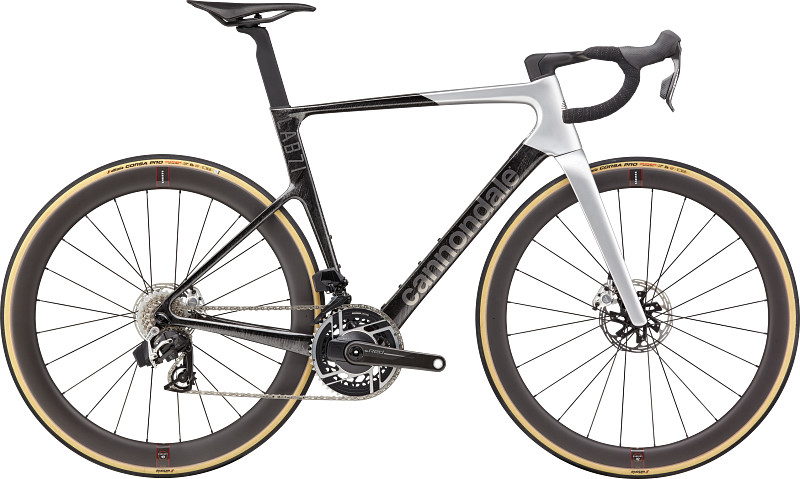 A sleek Cannondale bicycle featuring a black and white frame, aerodynamic design, and tan-treaded wheels.
