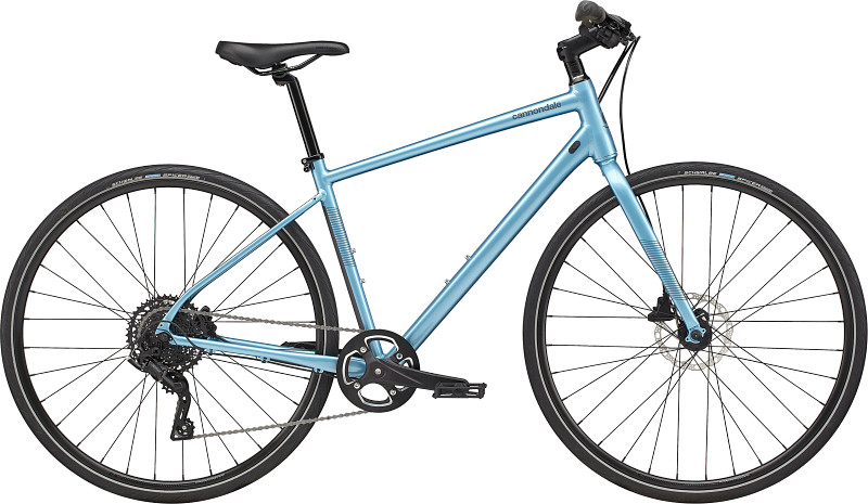 a blue bicycle with black wheels
