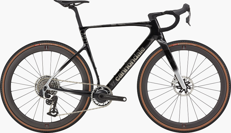 A sleek black Cannondale bicycle with distinctive brown tires and modern components, showcasing a sporty design.