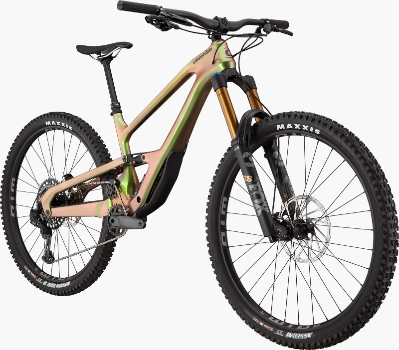 A modern mountain bike with a sleek design, featuring a colorful frame, thick tires, and advanced suspension components.