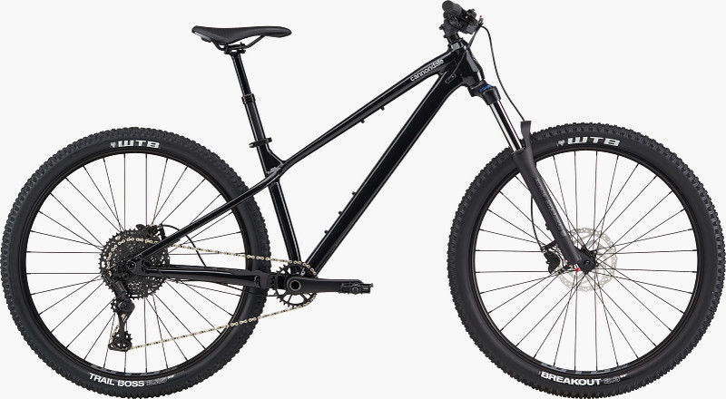 A black mountain bike with a sleek frame, wide tires, and front suspension, designed for off-road riding.