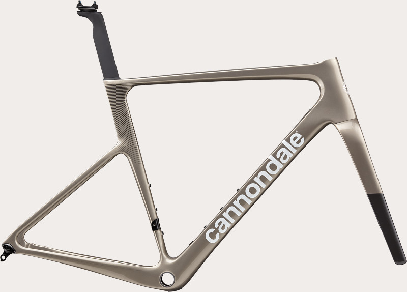 A sleek, modern bicycle frame in a metallic finish, featuring a distinctive design and the "cannondale" logo prominently displayed.