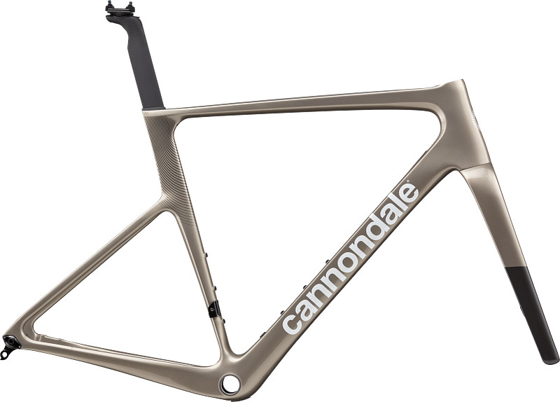 A sleek, modern bicycle frame in a metallic finish, featuring a distinctive design and the "cannondale" logo prominently displayed.