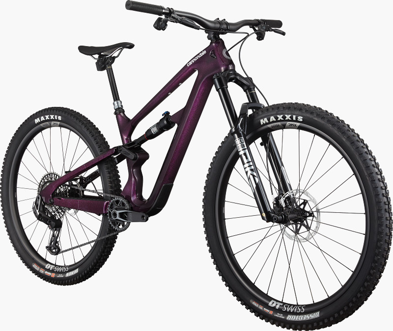 A purple mountain bike with a sleek design, featuring wide tires and a sturdy frame, ideal for off-road trails.
