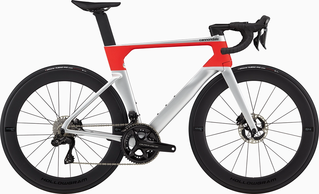 Red/silcer Cannondale SystemSix Hi-MOD aero road bike with Shimano Dura-Ace Di2 groupset.