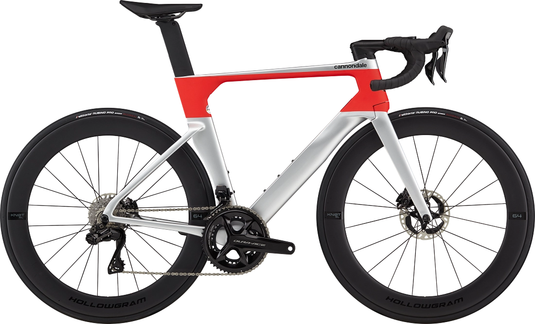 Red/silcer Cannondale SystemSix Hi-MOD aero road bike with Shimano Dura-Ace Di2 groupset.