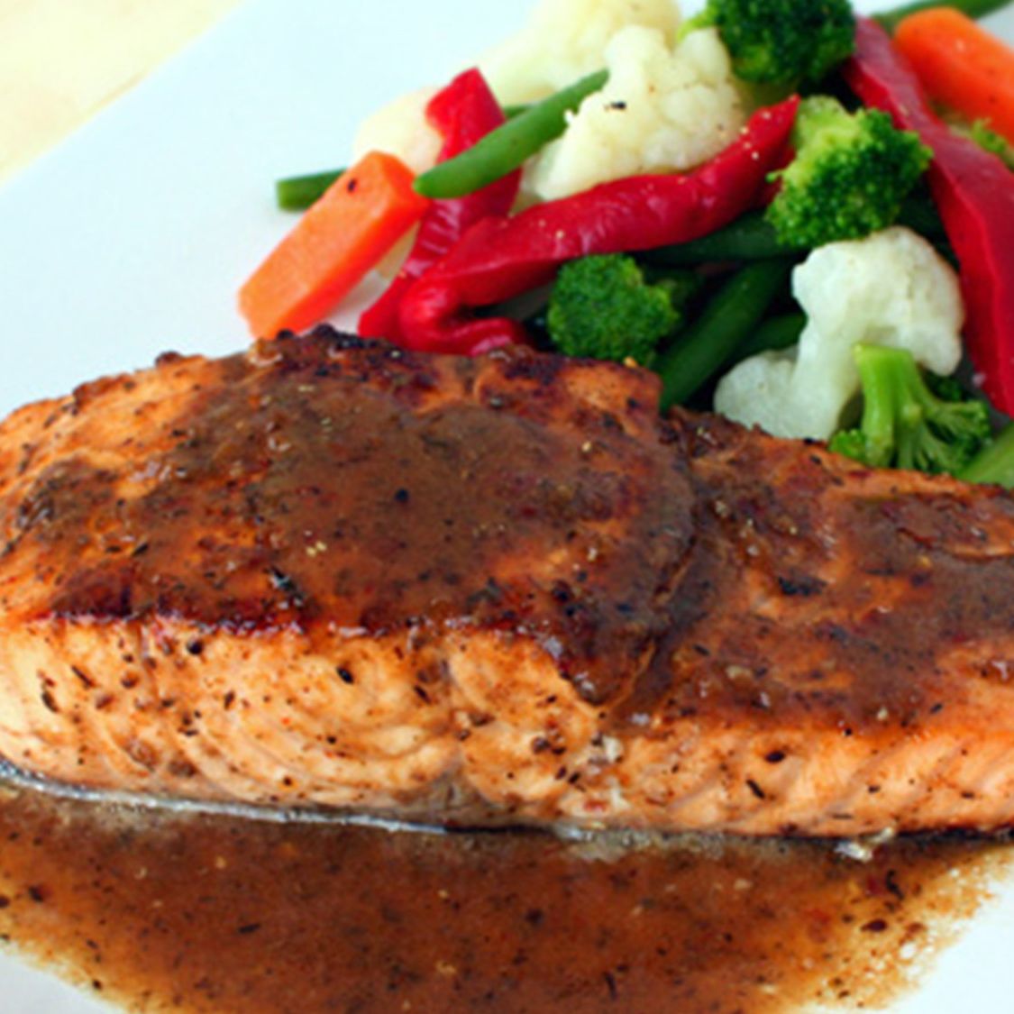 Marinated PanRoasted Salmon with Steamed Seasonal Vegetables Stubb's BBQ