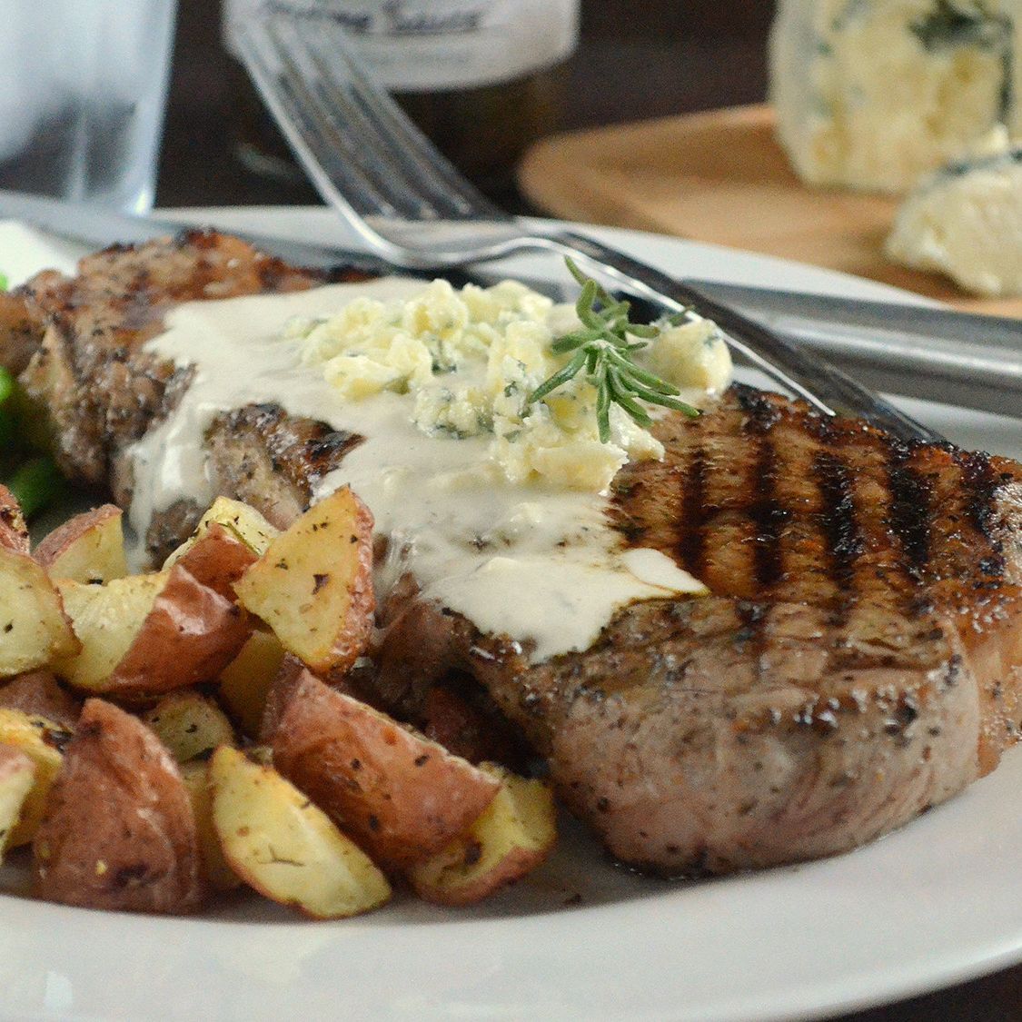 Black Pepper New York Strip Steaks with Blue Cheese Sauce Stubb's BBQ