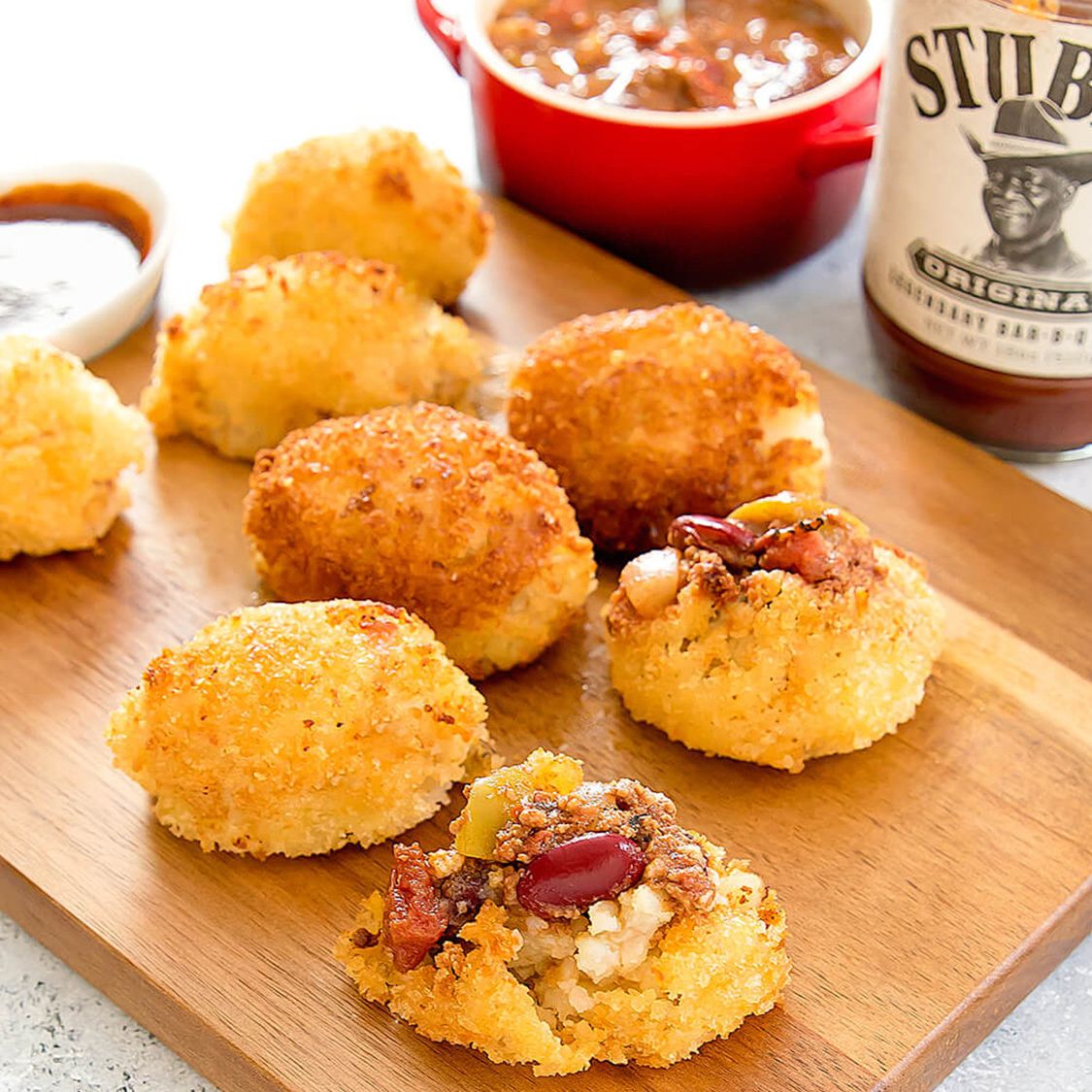 Fried Mashed Potato Balls Stuffed with BarBQ Chili Stubb's BBQ