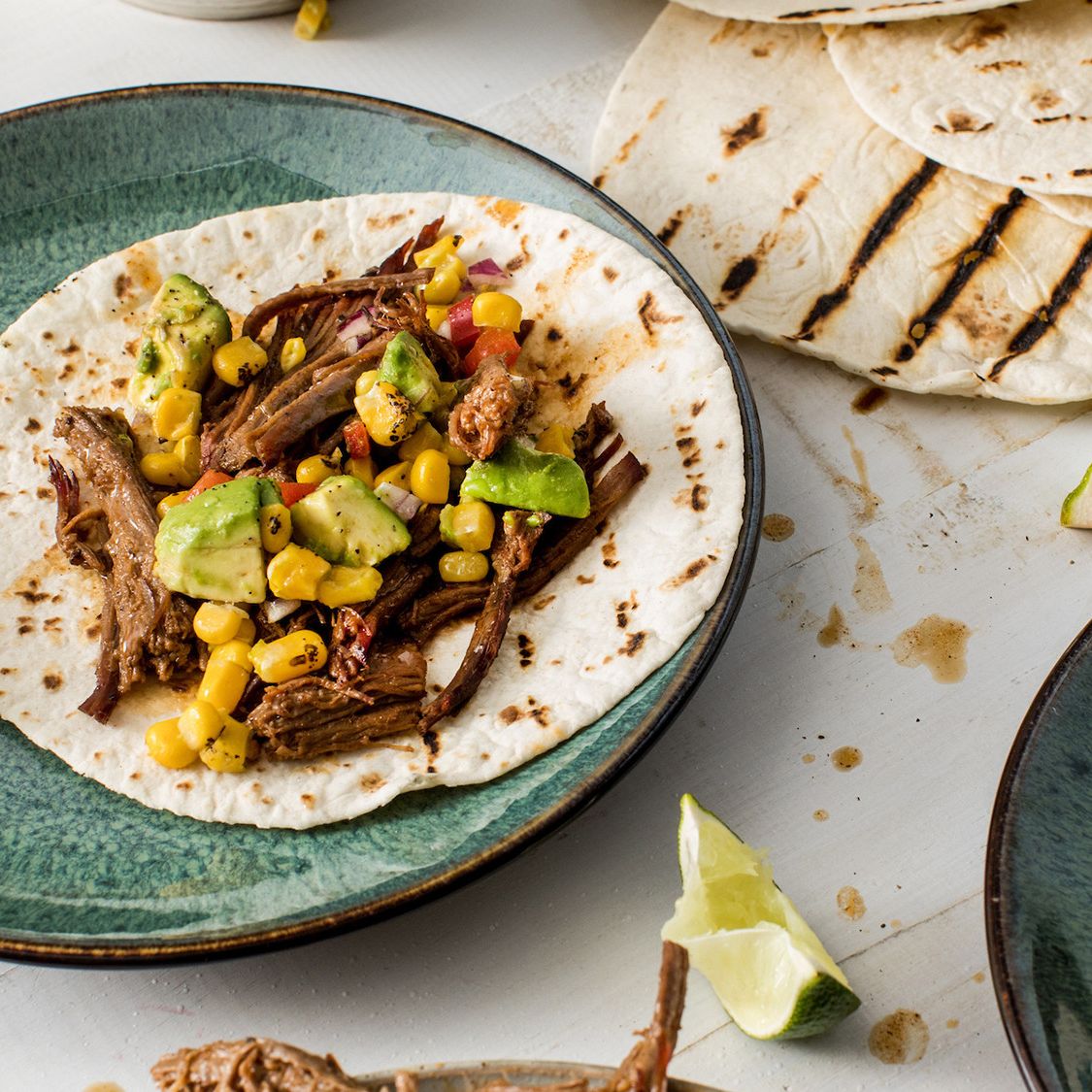 Brisket Tacos With Roasted Corn Avocado Salsa Stubb S Bbq