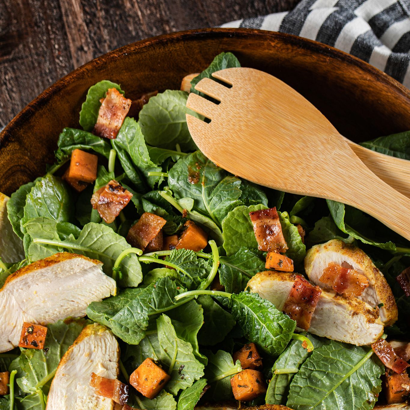 Roasted Sweet Potato Chicken & Kale Salad with Cilantro