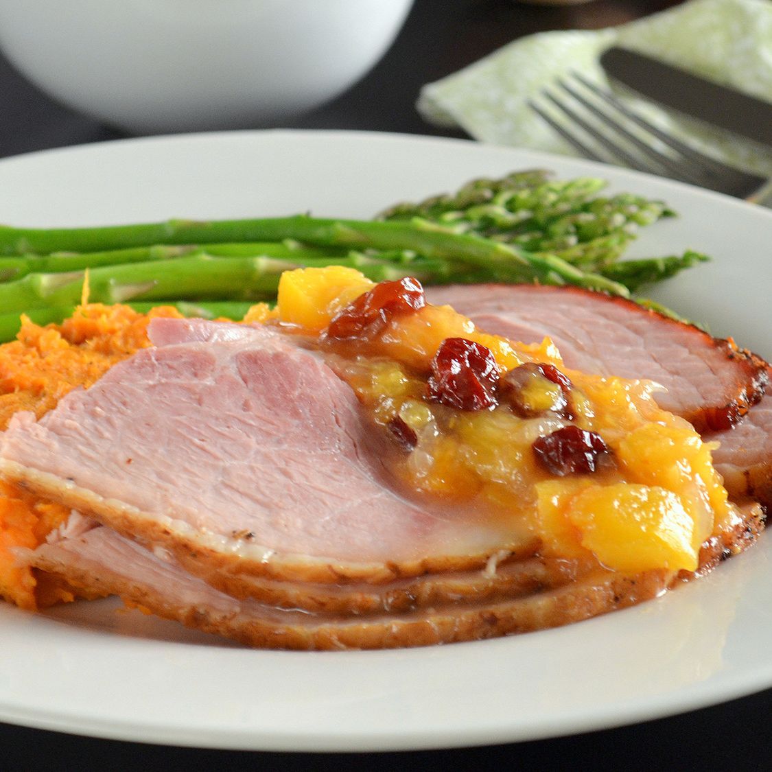 Slow Cooker Smokehouse Bourbon Ham with Peach Chutney Stubb's BBQ