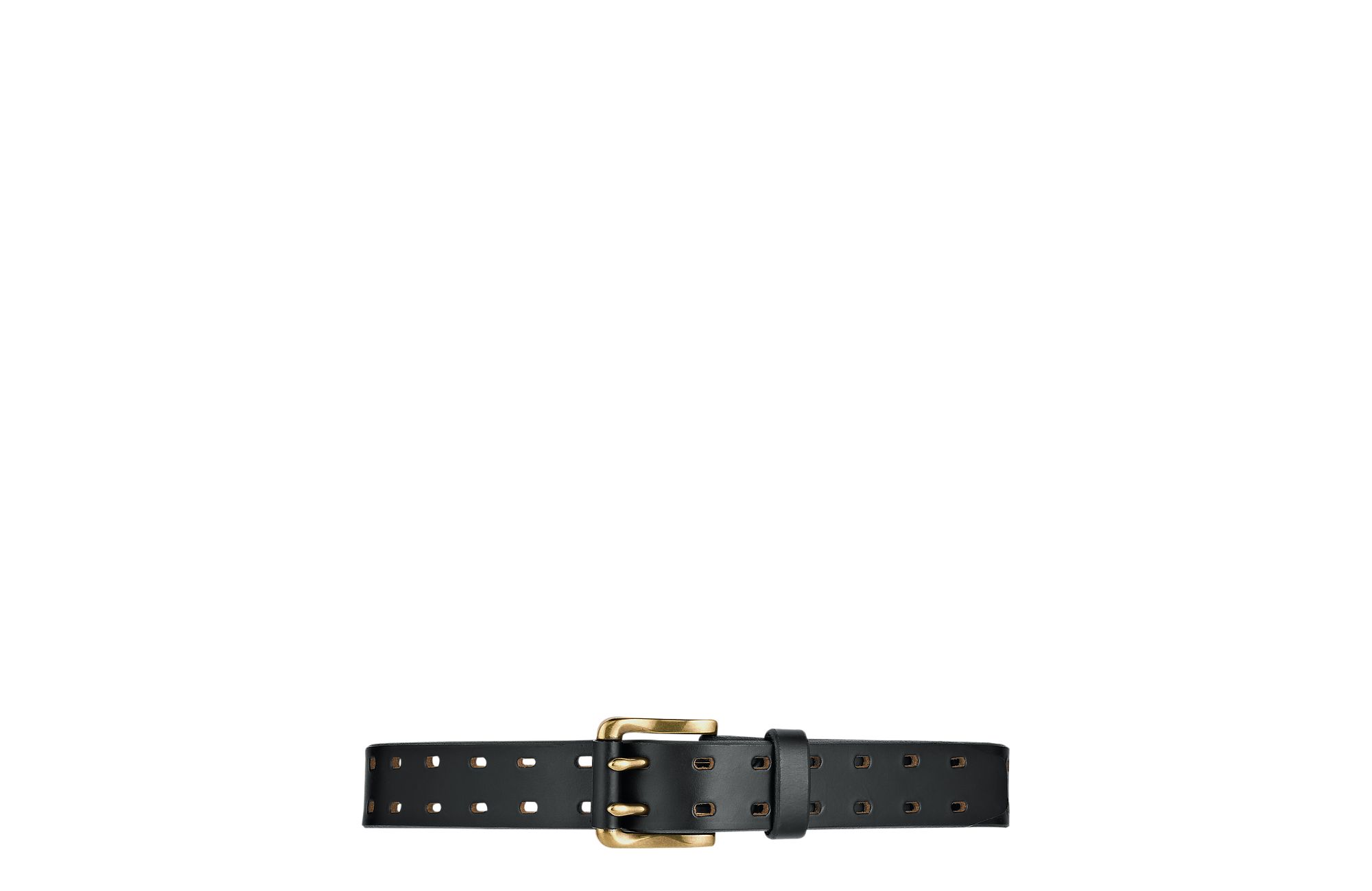 Leather belt with double prong buckle, red