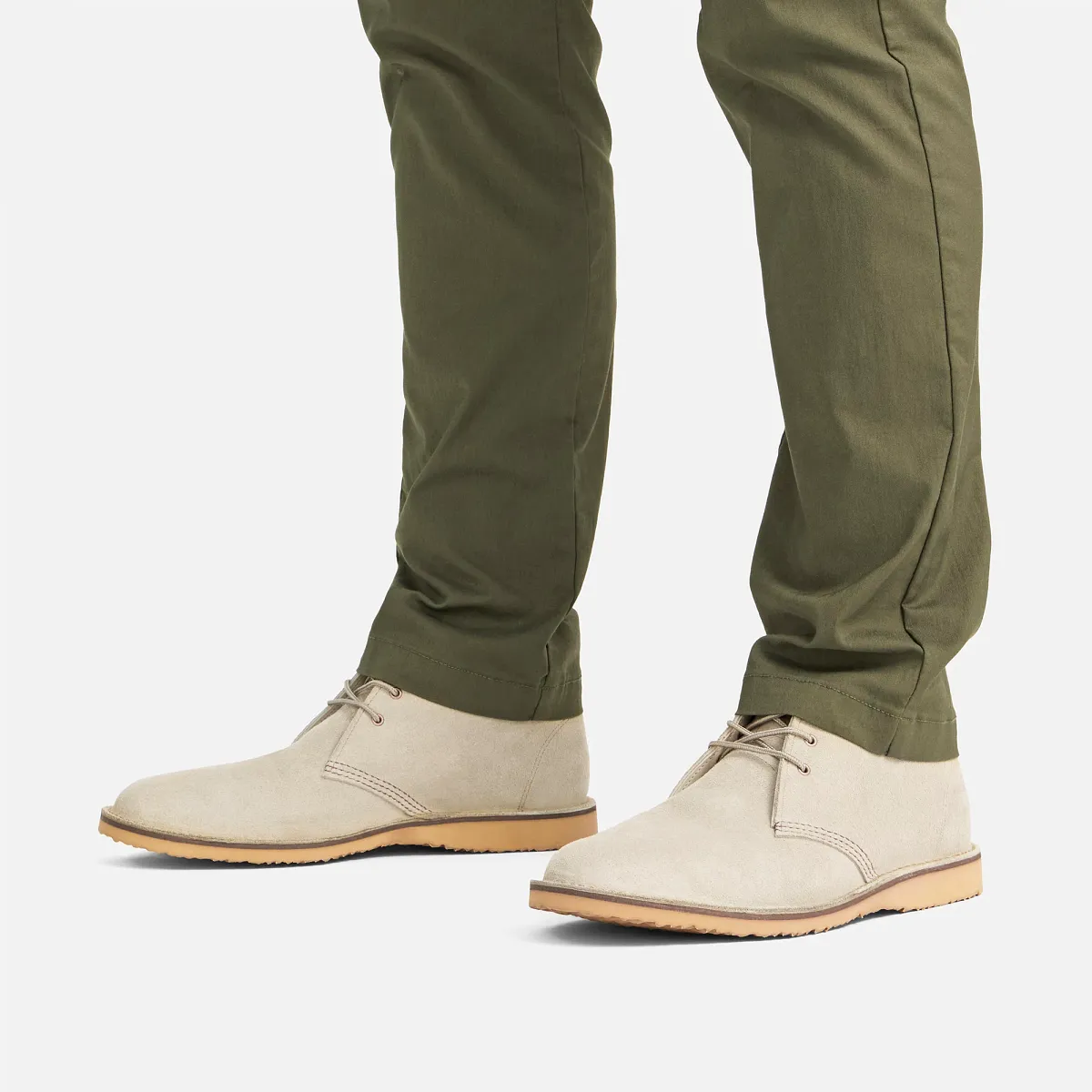Red Wing Weekender Chukka in White Sand worn with olive trousers