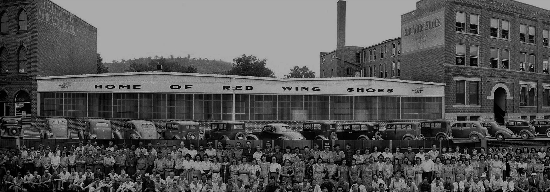 Historical photo of the Red Wing Shoe factory and a picture of the factory workers lined up below