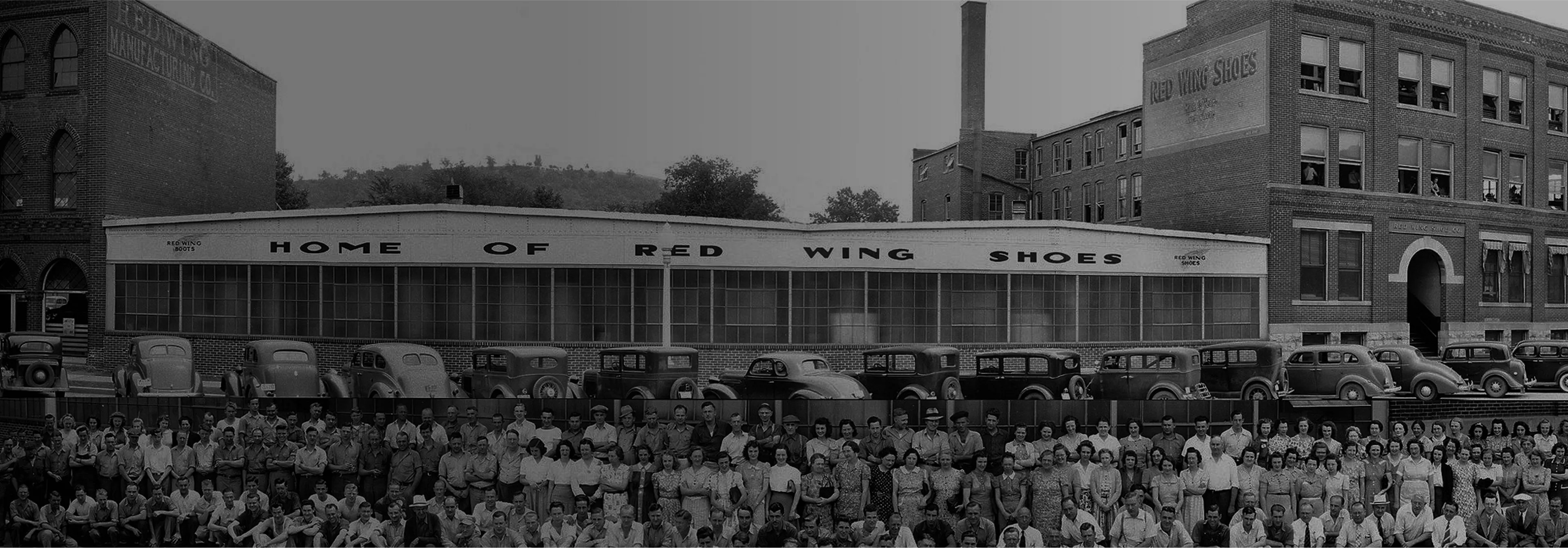 Historical photo of the Red Wing Shoe factory and a picture of the factory workers lined up below