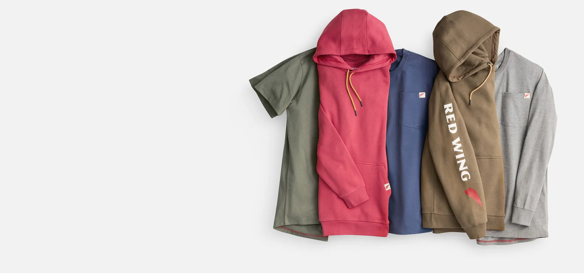 Red Wing Shoes sweatshirts and tshirts against a white background