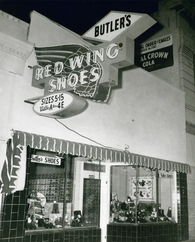 Historical photo of the storefront of the first Red Wing Shoe store in Salt Lake City, Utah