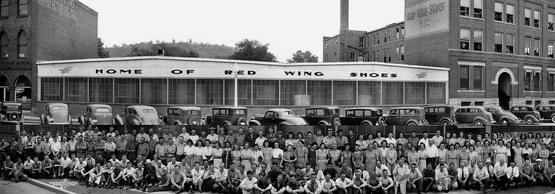 Historical photo of the Red Wing Shoe factory and a picture of the factory workers lined up in front