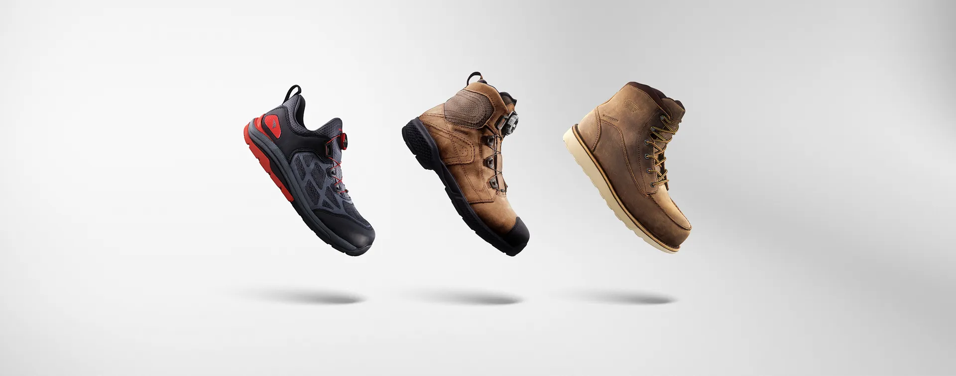 Three styles of boots from the Red Wing Lightweight Collection floating against a white background