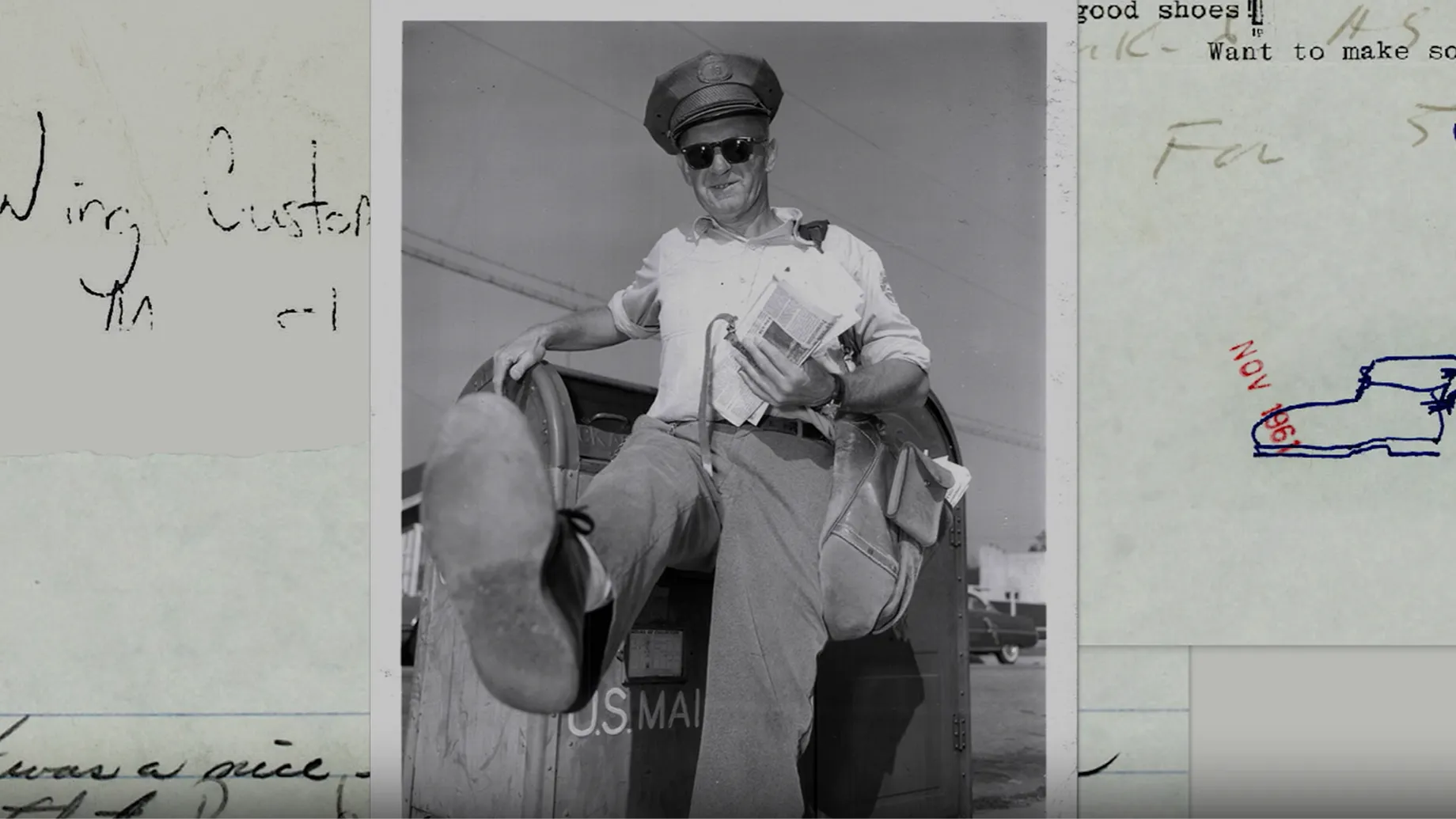 Picture of the bottom of mailman's shoe who is leaning against a mailbox