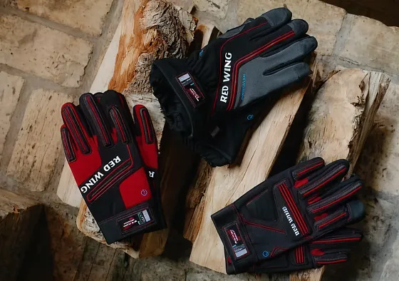 Overhead picture of 3 pairs of Red Wing gloves on some logs