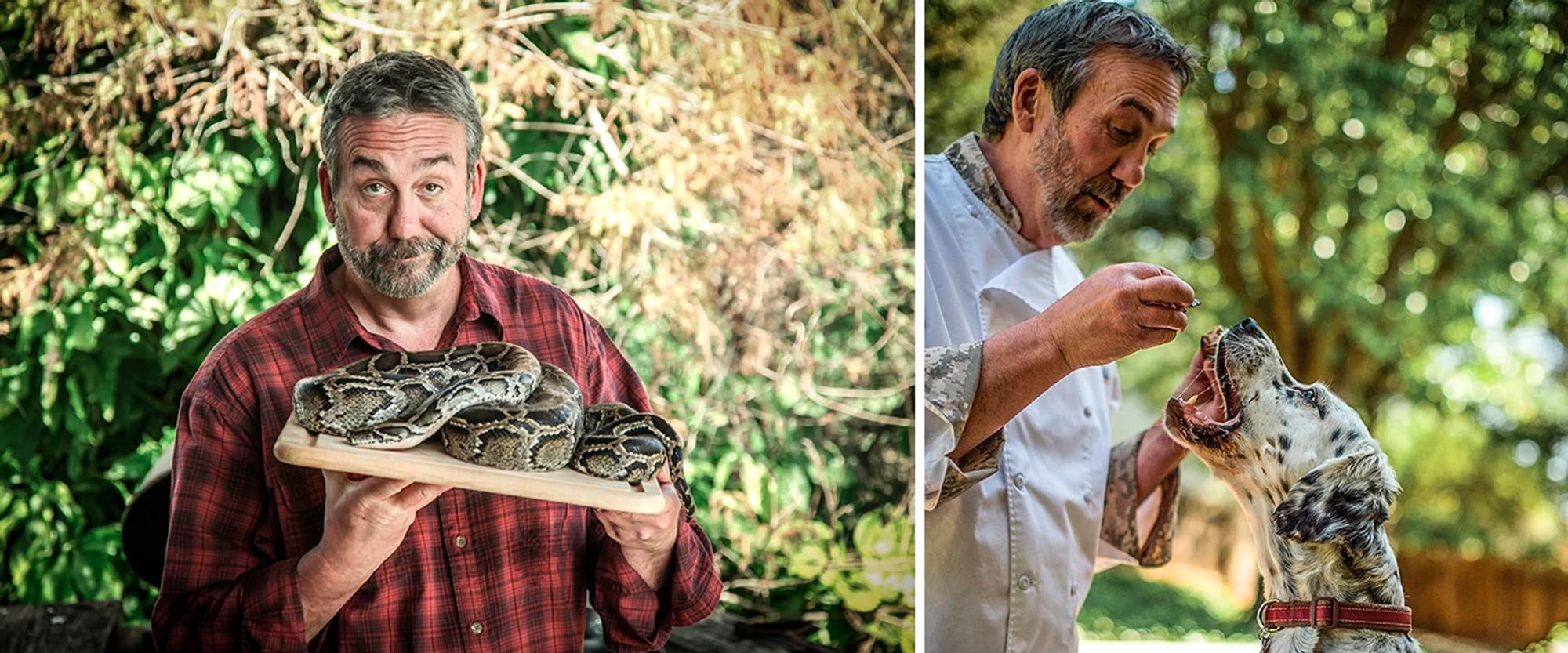 Scott Leysath with a snake and a dog