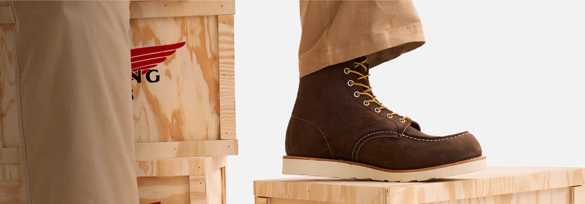 Close-up of a Red Wing Chocolate Moc boot resting on a wood box
