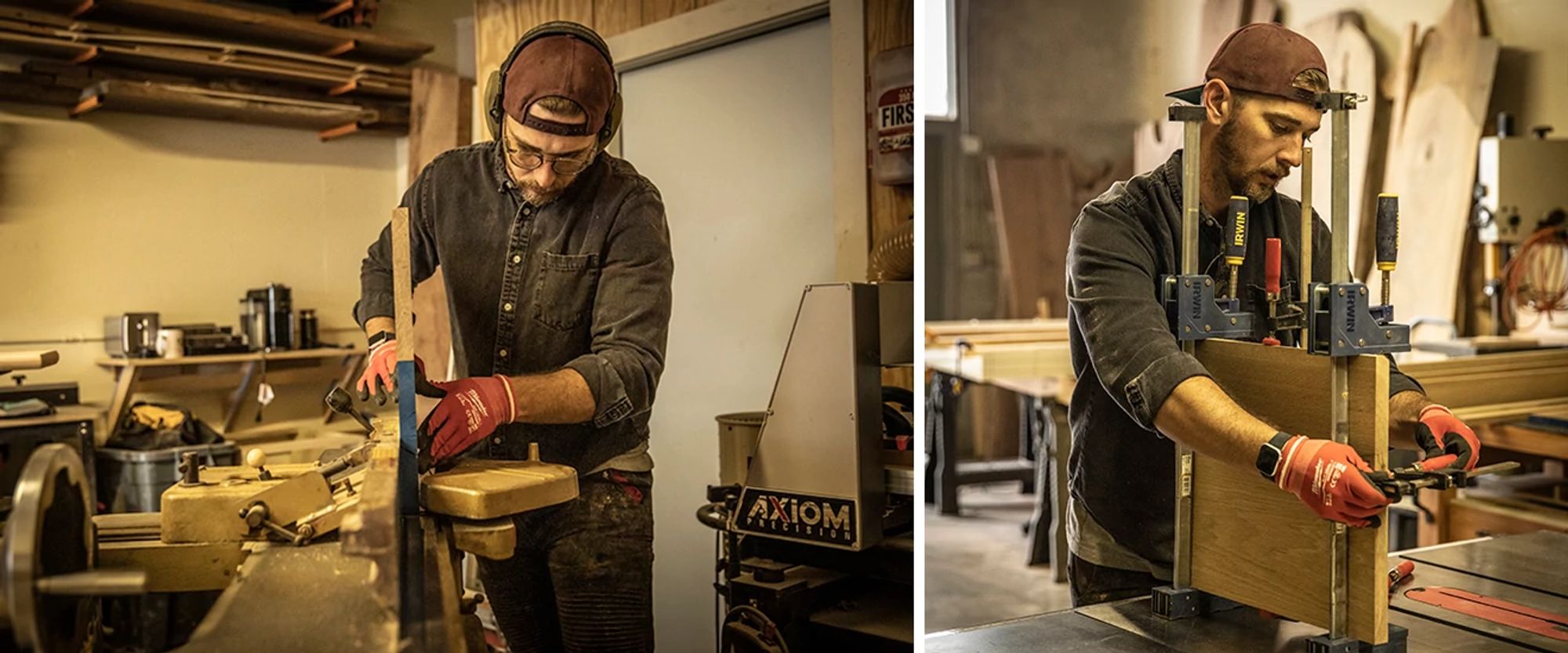 Taylor Hubbel using a table saw and wood clamps