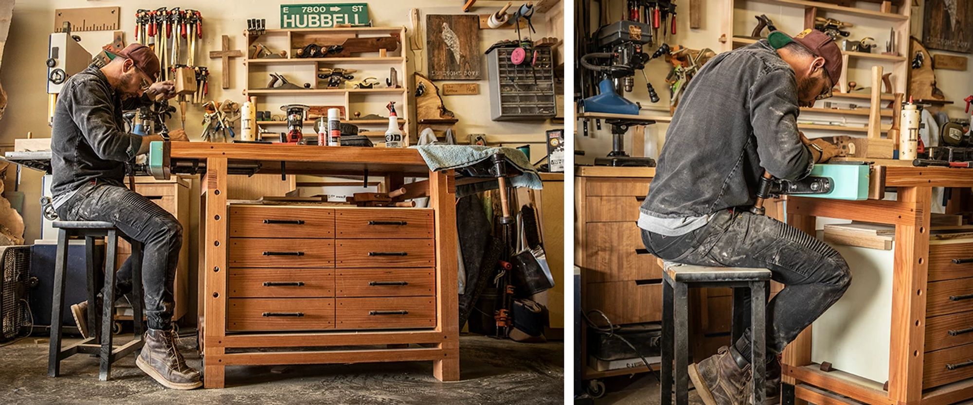 Taylor Hubbel sitting at a workbench working on a piece