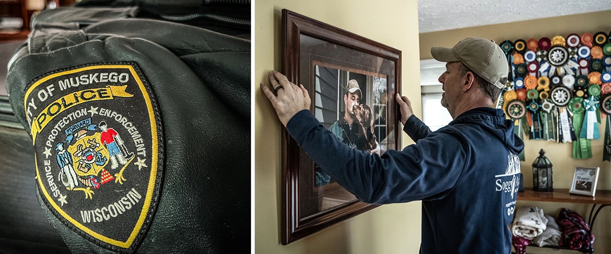 Jeff Fuller hanging a picture and his police badge