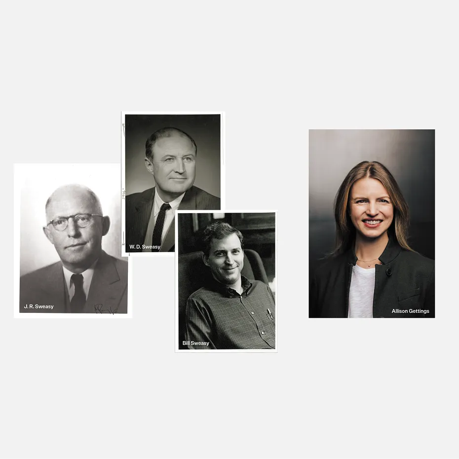 Pictures of J.R. Sweasy, W.D. Sweasy, Bill Sweasy and  Allison Gettings, the four generations of owner/operators of Red Wing Shoes