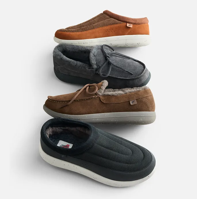 Overhead photo of 4 different Red Wing slippers